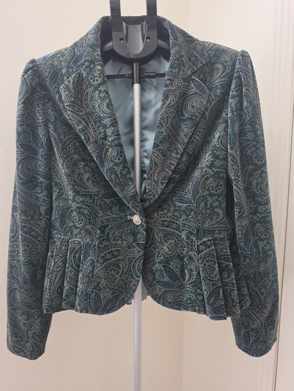 Georgiou Paisley Peplum Blazer Fitted One Button Teal Green Blue Size 12